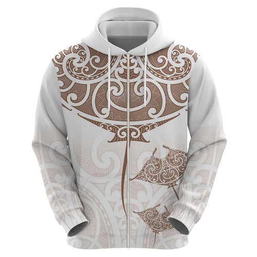 New Zealand Manta Ray Tattoo Zip Hoodie Aotearoa Maori Haehae Beige - Aussie Hoodie