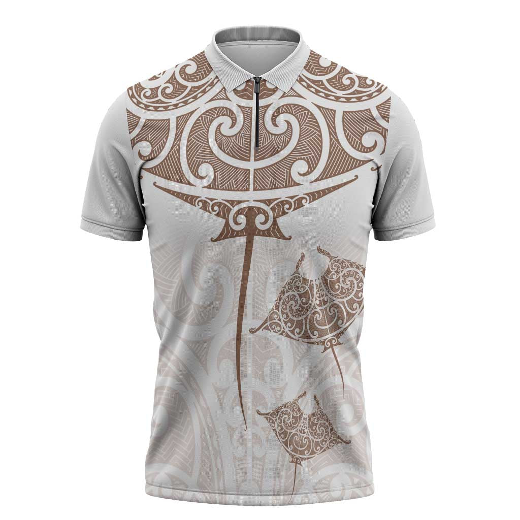 New Zealand Manta Ray Tattoo Zipper Polo Shirt Aotearoa Maori Haehae Beige - Aussie Hoodie