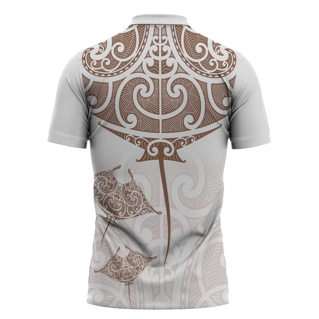 New Zealand Manta Ray Tattoo Zipper Polo Shirt Aotearoa Maori Haehae Beige - Aussie Hoodie