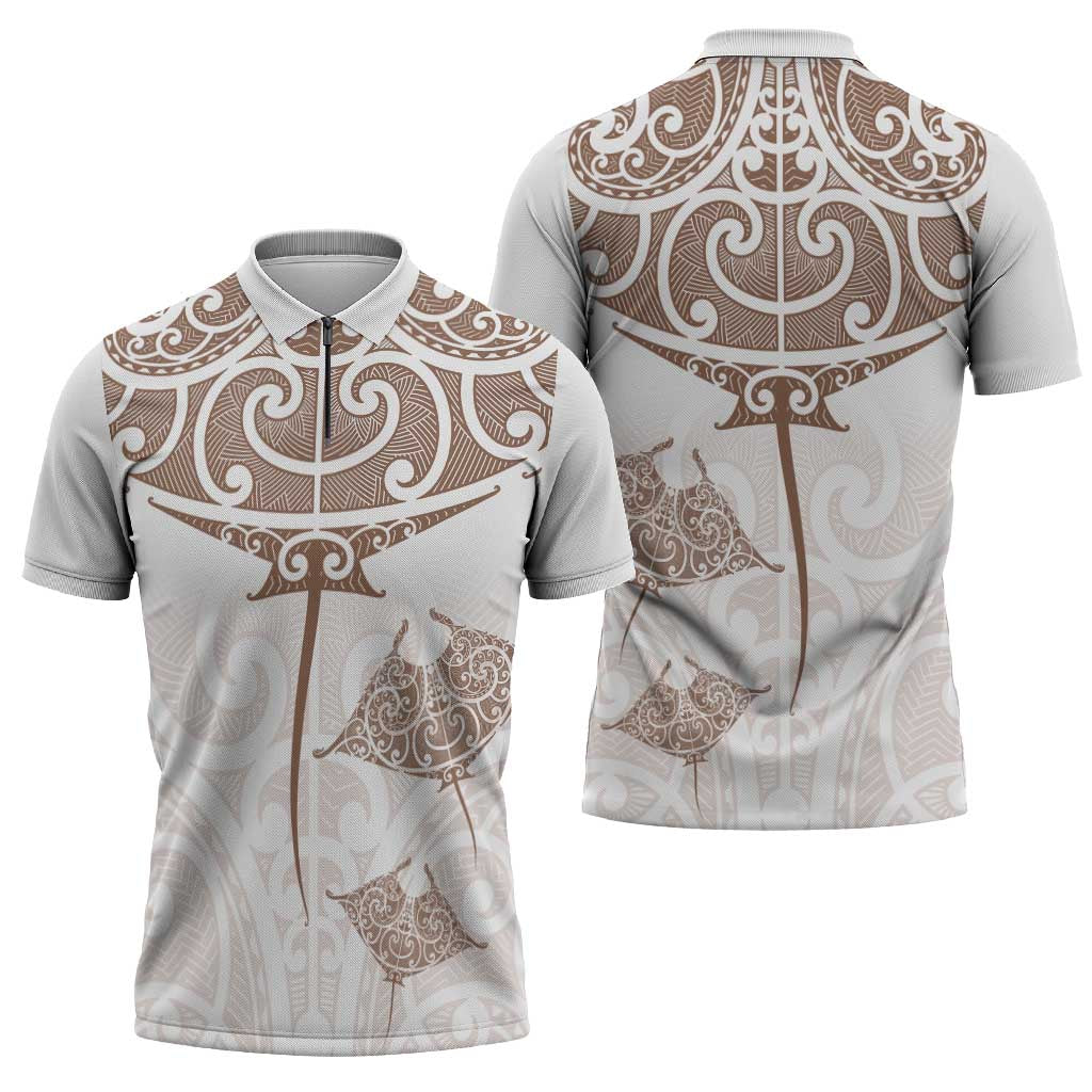 New Zealand Manta Ray Tattoo Zipper Polo Shirt Aotearoa Maori Haehae Beige - Aussie Hoodie