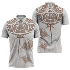 New Zealand Manta Ray Tattoo Zipper Polo Shirt Aotearoa Maori Haehae Beige - Aussie Hoodie