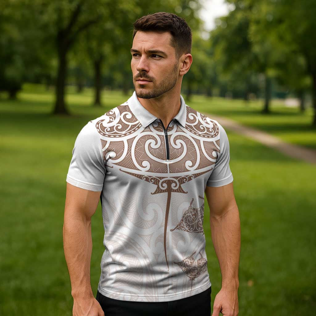New Zealand Manta Ray Tattoo Zipper Polo Shirt Aotearoa Maori Haehae Beige - Aussie Hoodie