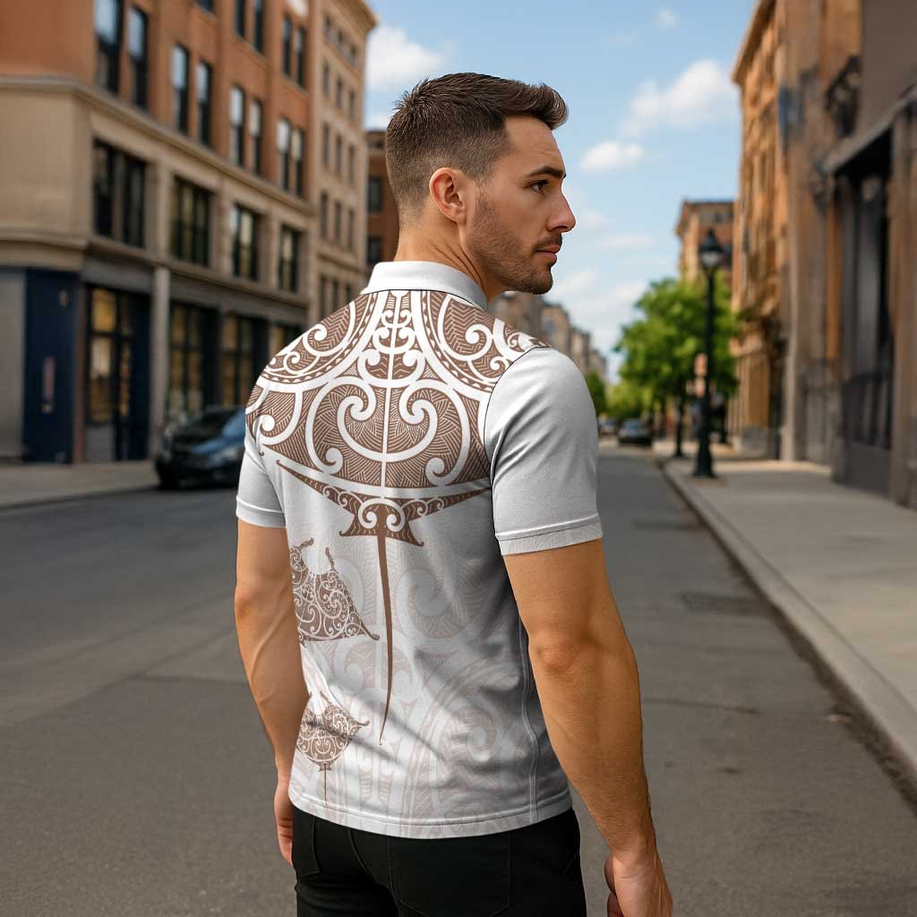 New Zealand Manta Ray Tattoo Zipper Polo Shirt Aotearoa Maori Haehae Beige - Aussie Hoodie