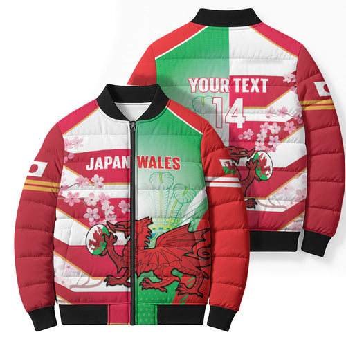 Japan and Wales Rugby Custom Bomber Puffer Jacket Brave Blossoms Welsh Dragon Together