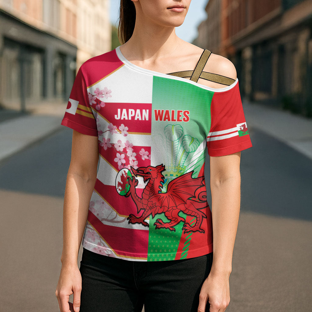 Japan and Wales Rugby Custom Cross Shoulder Shirt Brave Blossoms Welsh Dragon Together