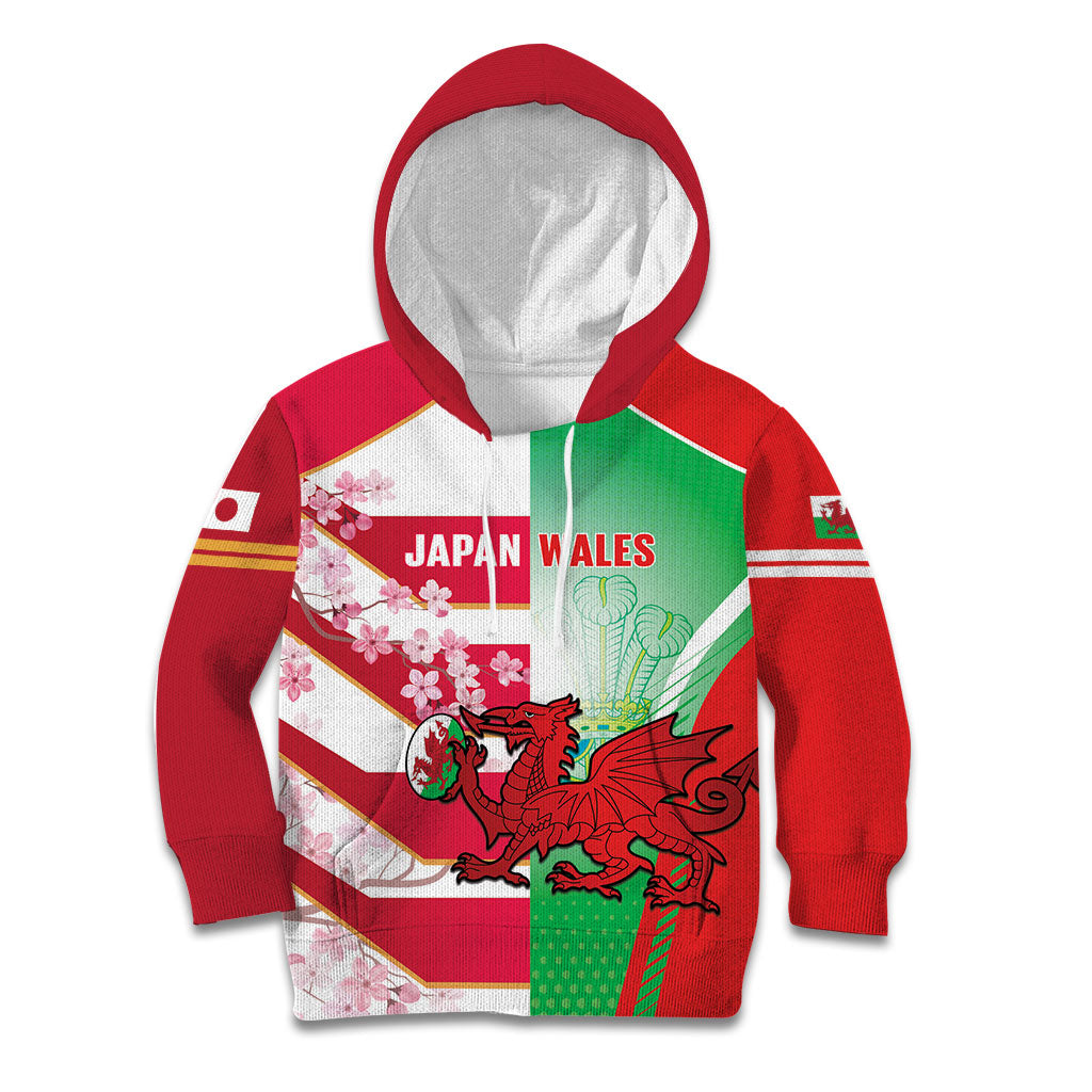 Japan and Wales Rugby Custom Kid Hoodie Brave Blossoms Welsh Dragon Together
