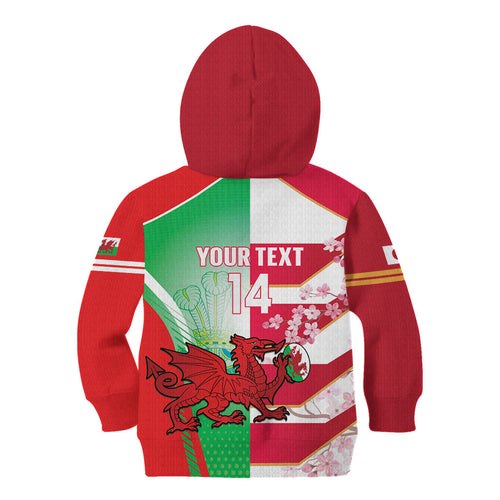 Japan and Wales Rugby Custom Kid Hoodie Brave Blossoms Welsh Dragon Together