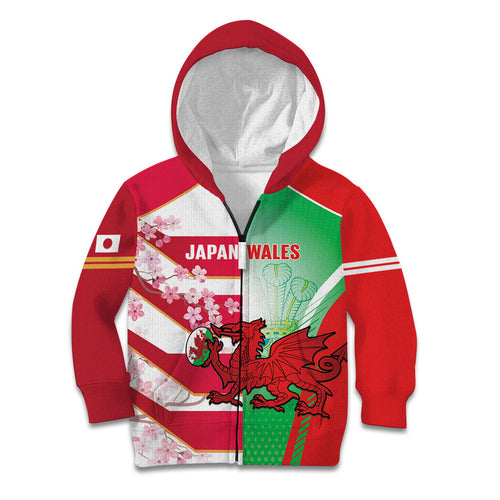 Japan and Wales Rugby Custom Kid Hoodie Brave Blossoms Welsh Dragon Together