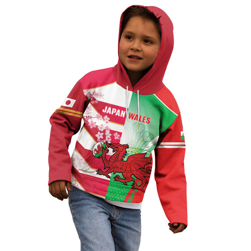 Japan and Wales Rugby Custom Kid Hoodie Brave Blossoms Welsh Dragon Together