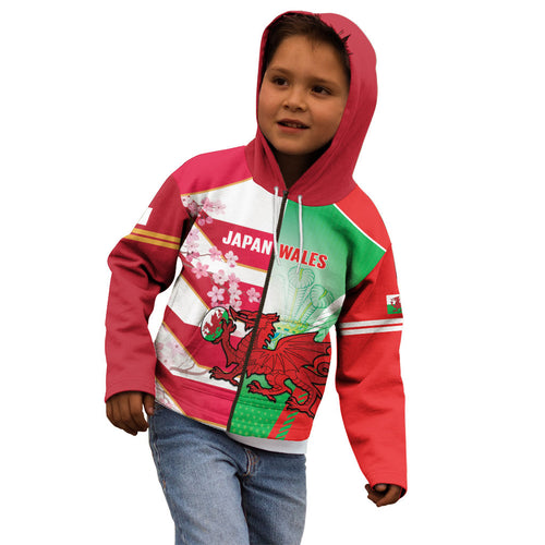 Japan and Wales Rugby Custom Kid Hoodie Brave Blossoms Welsh Dragon Together