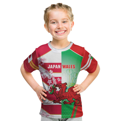 Japan and Wales Rugby Custom Kid T Shirt Brave Blossoms Welsh Dragon Together