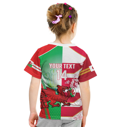 Japan and Wales Rugby Custom Kid T Shirt Brave Blossoms Welsh Dragon Together
