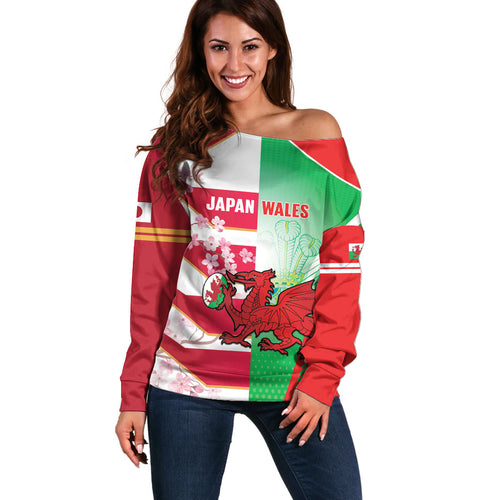 Japan and Wales Rugby Custom Off Shoulder Sweater Brave Blossoms Welsh Dragon Together