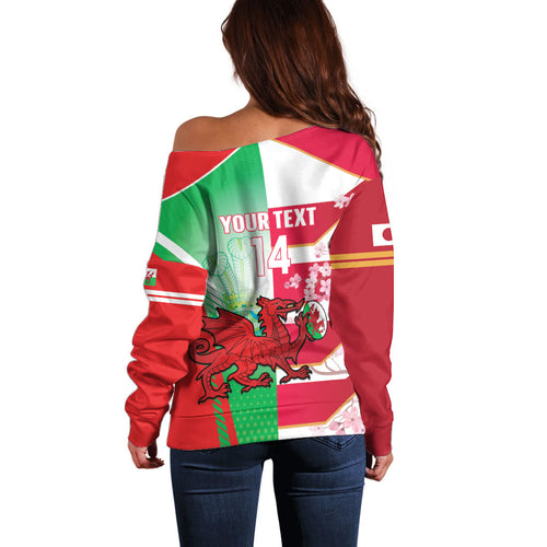 Japan and Wales Rugby Custom Off Shoulder Sweater Brave Blossoms Welsh Dragon Together