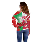 Japan and Wales Rugby Custom Off Shoulder Sweater Brave Blossoms Welsh Dragon Together
