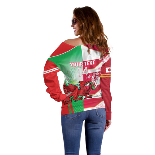 Japan and Wales Rugby Custom Off Shoulder Sweater Brave Blossoms Welsh Dragon Together