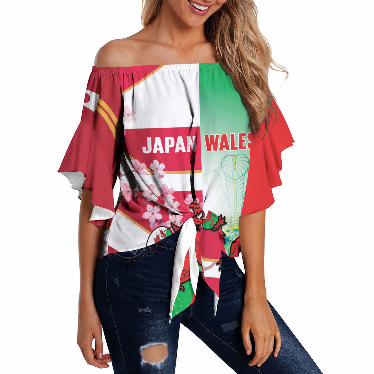 Japan and Wales Rugby Custom Off Shoulder Wrap Waist Top Brave Blossoms Welsh Dragon Together