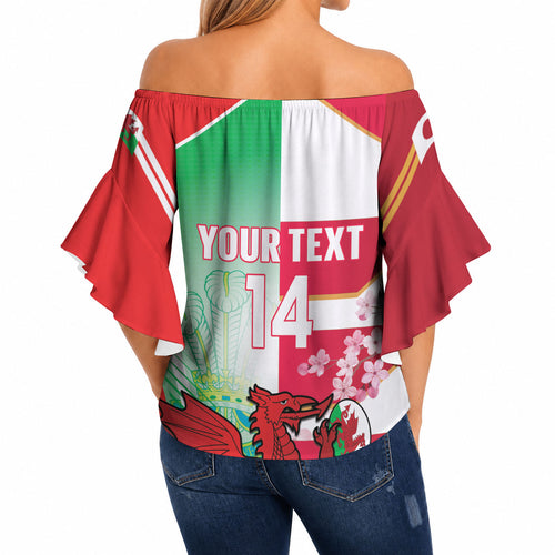 Japan and Wales Rugby Custom Off Shoulder Wrap Waist Top Brave Blossoms Welsh Dragon Together