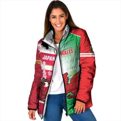 Japan and Wales Rugby Custom Padded Jacket Brave Blossoms Welsh Dragon Together