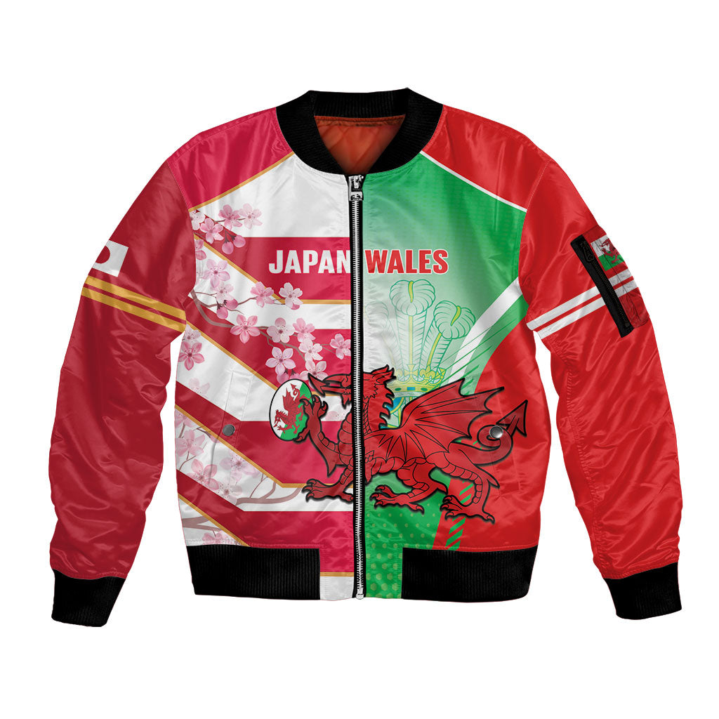 Japan and Wales Rugby Custom Sleeve Zip Bomber Jacket Brave Blossoms Welsh Dragon Together