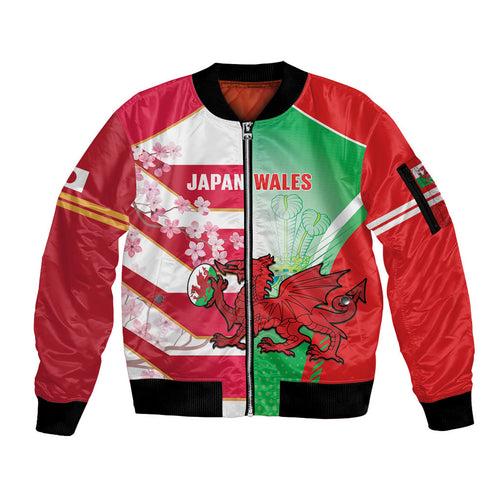 Japan and Wales Rugby Custom Sleeve Zip Bomber Jacket Brave Blossoms Welsh Dragon Together