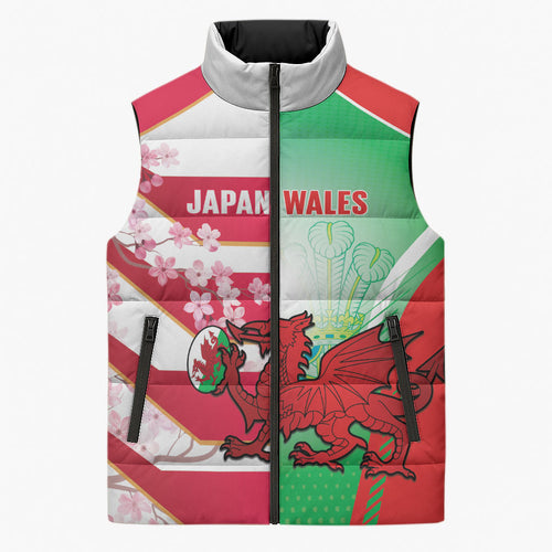 Japan and Wales Rugby Custom Sleeveless Puffer Jacket Brave Blossoms Welsh Dragon Together