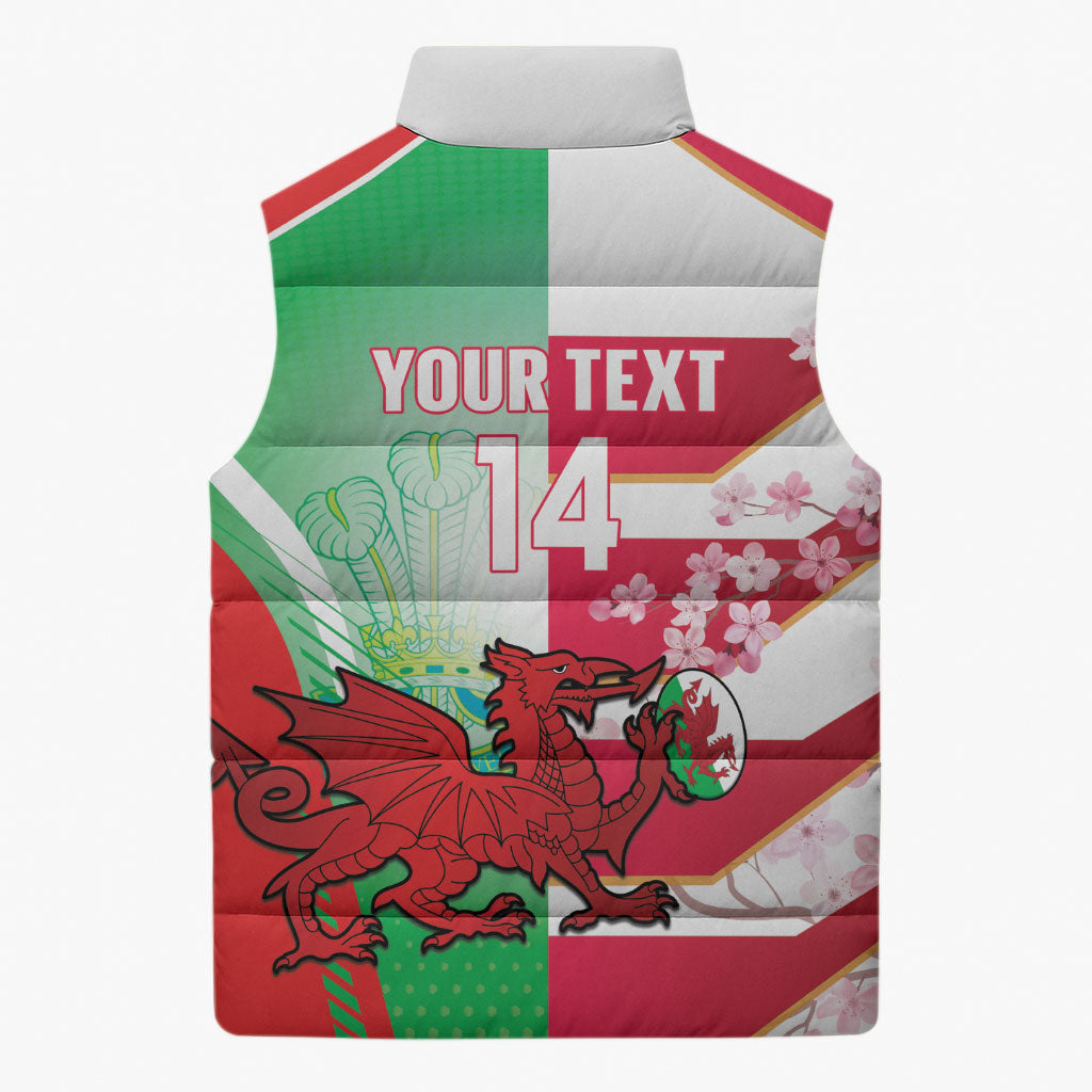 Japan and Wales Rugby Custom Sleeveless Puffer Jacket Brave Blossoms Welsh Dragon Together