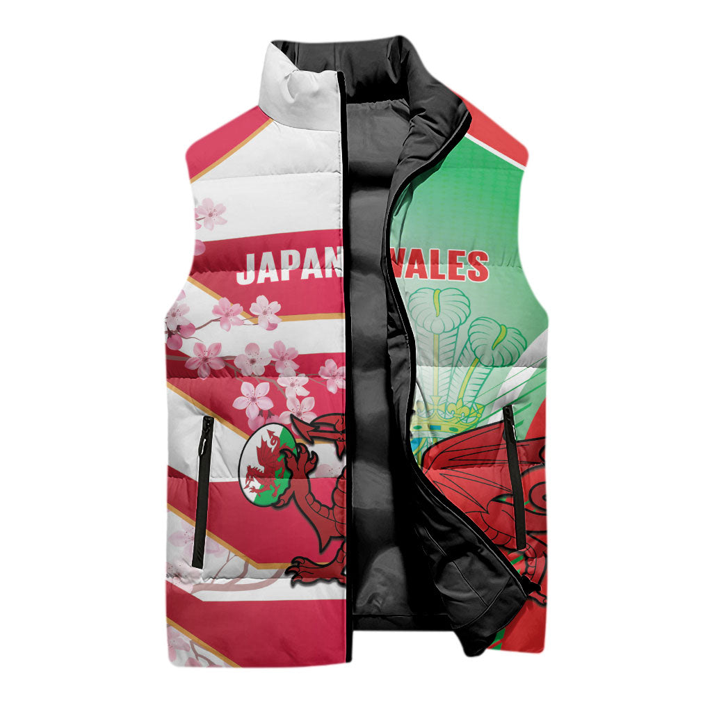 Japan and Wales Rugby Custom Sleeveless Puffer Jacket Brave Blossoms Welsh Dragon Together