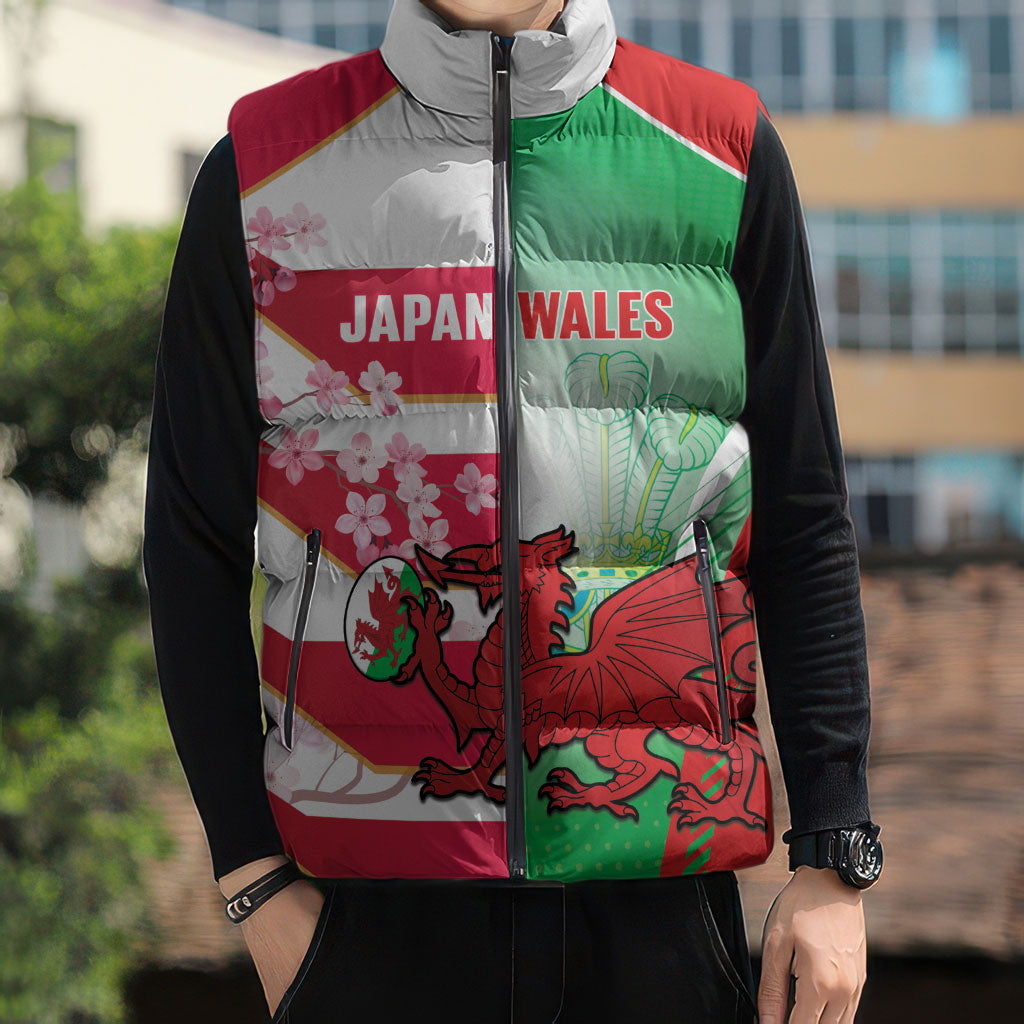 Japan and Wales Rugby Custom Sleeveless Puffer Jacket Brave Blossoms Welsh Dragon Together
