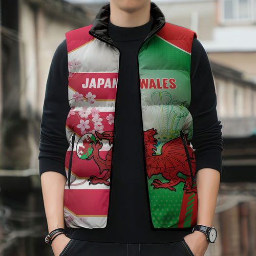 Japan and Wales Rugby Custom Sleeveless Puffer Jacket Brave Blossoms Welsh Dragon Together