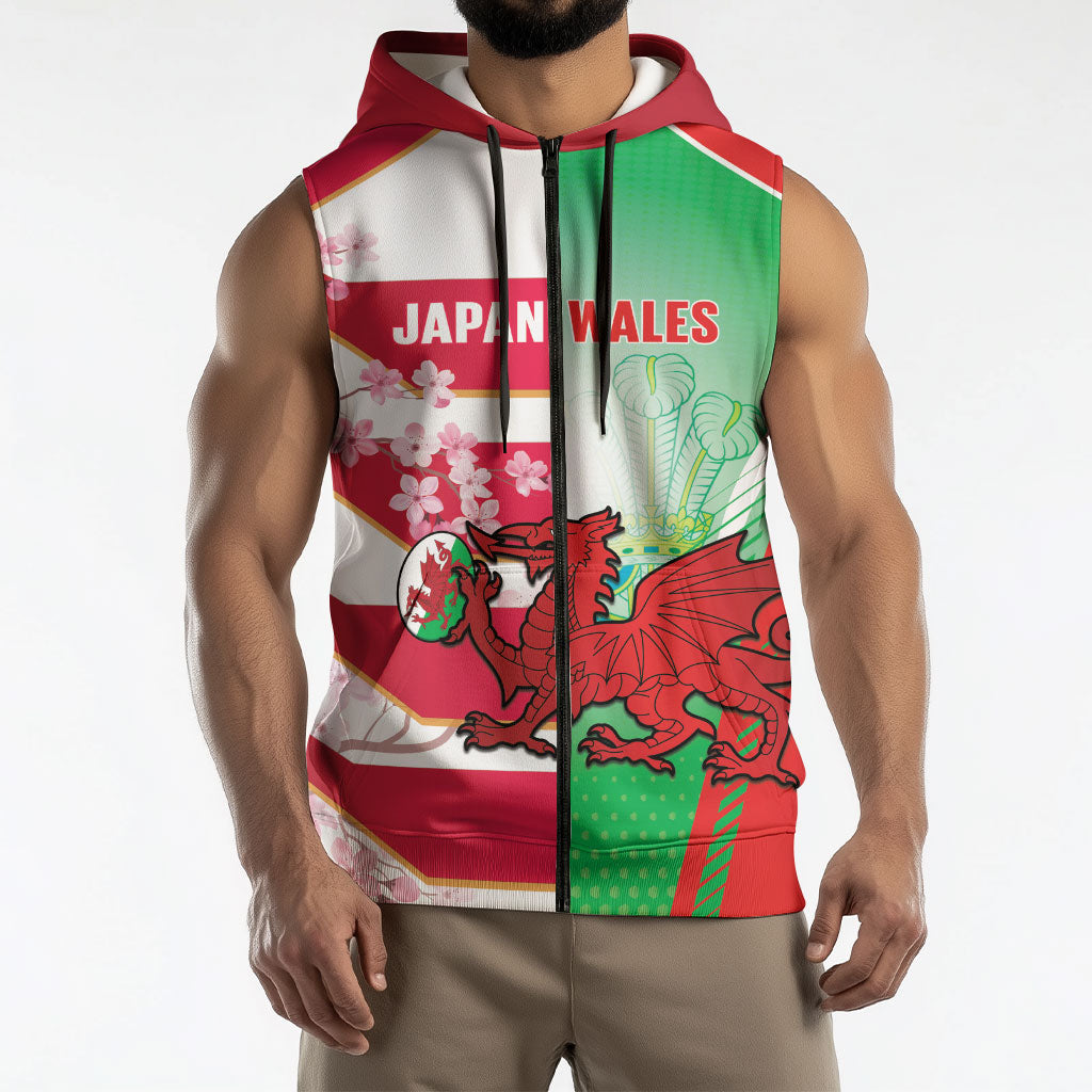 Japan and Wales Rugby Custom Sleeveless Zip Hoodie Brave Blossoms Welsh Dragon Together
