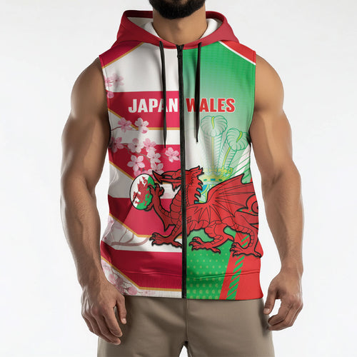 Japan and Wales Rugby Custom Sleeveless Zip Hoodie Brave Blossoms Welsh Dragon Together