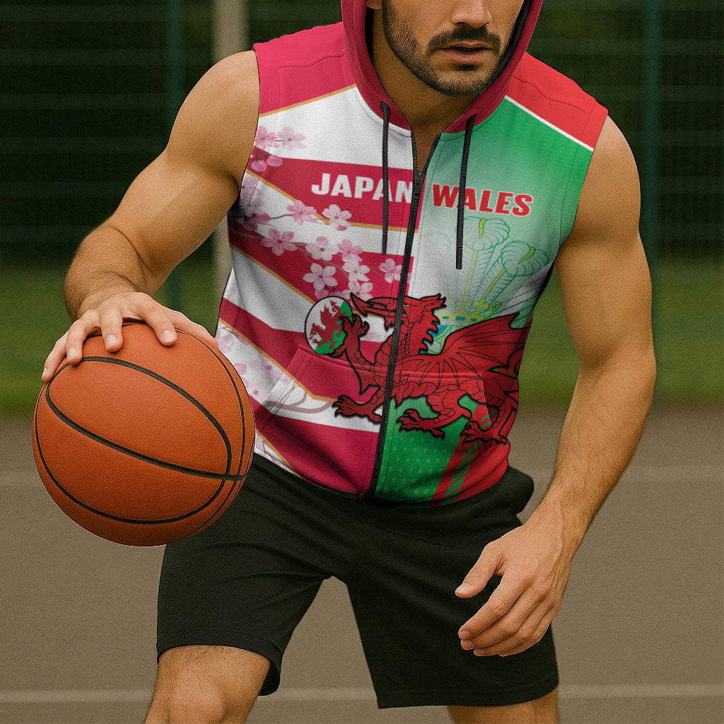 Japan and Wales Rugby Custom Sleeveless Zip Hoodie Brave Blossoms Welsh Dragon Together