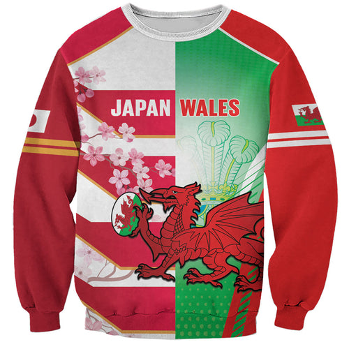 Japan and Wales Rugby Custom Sweatshirt Brave Blossoms Welsh Dragon Together