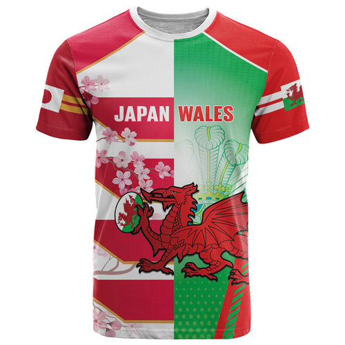 Japan and Wales Rugby Custom T Shirt Brave Blossoms Welsh Dragon Together