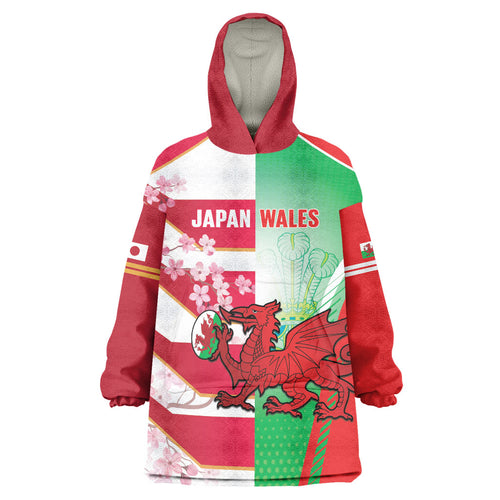 Japan and Wales Rugby Custom Wearable Blanket Hoodie Brave Blossoms Welsh Dragon Together