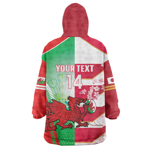 Japan and Wales Rugby Custom Wearable Blanket Hoodie Brave Blossoms Welsh Dragon Together