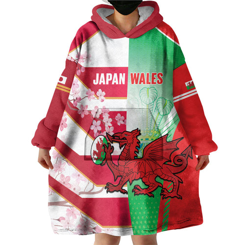 Japan and Wales Rugby Custom Wearable Blanket Hoodie Brave Blossoms Welsh Dragon Together