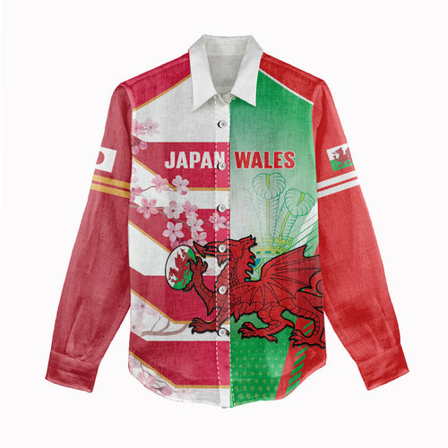 Japan and Wales Rugby Custom Women Casual Shirt Brave Blossoms Welsh Dragon Together