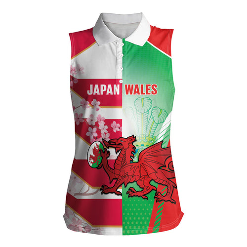 Japan and Wales Rugby Custom Women Sleeveless Polo Shirt Brave Blossoms Welsh Dragon Together