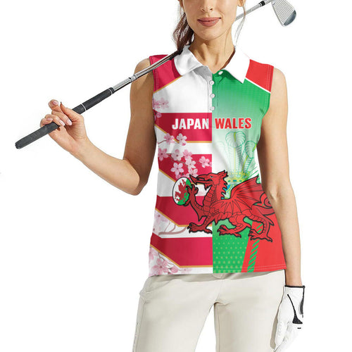 Japan and Wales Rugby Custom Women Sleeveless Polo Shirt Brave Blossoms Welsh Dragon Together