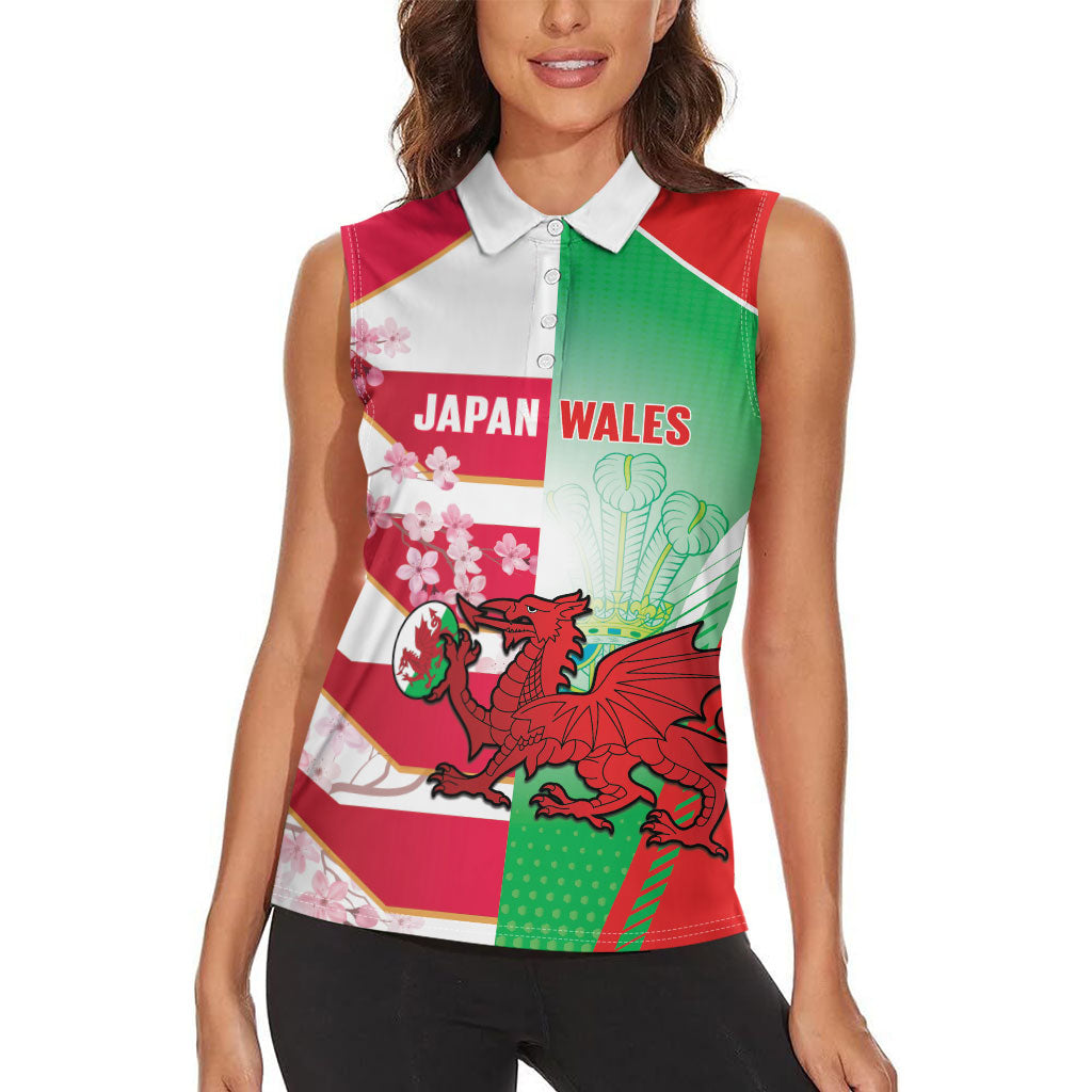 Japan and Wales Rugby Custom Women Sleeveless Polo Shirt Brave Blossoms Welsh Dragon Together