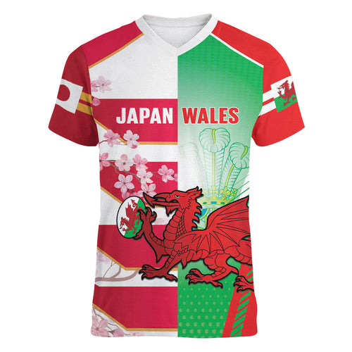 Japan and Wales Rugby Custom Women V-Neck T-Shirt Brave Blossoms Welsh Dragon Together