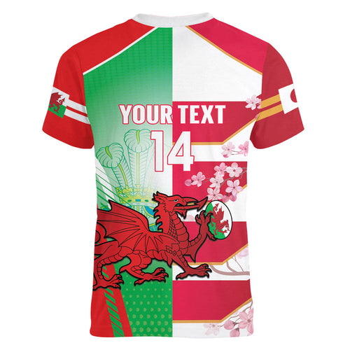 Japan and Wales Rugby Custom Women V-Neck T-Shirt Brave Blossoms Welsh Dragon Together