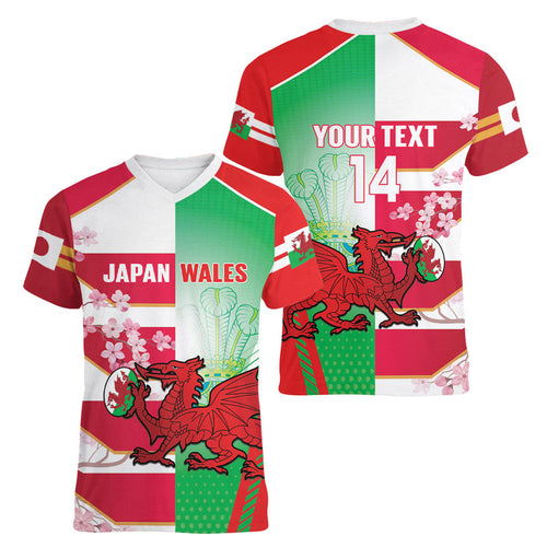 Japan and Wales Rugby Custom Women V-Neck T-Shirt Brave Blossoms Welsh Dragon Together