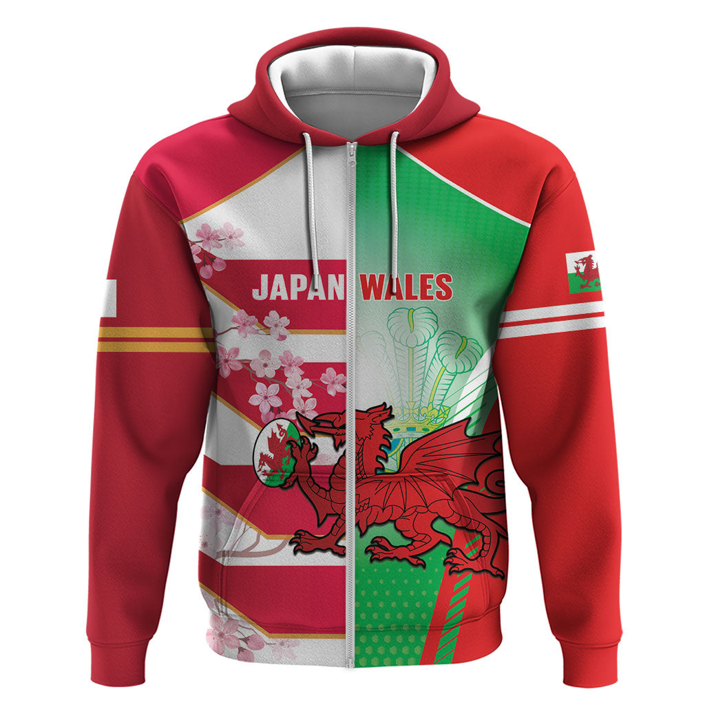 Japan and Wales Rugby Custom Zip Hoodie Brave Blossoms Welsh Dragon Together