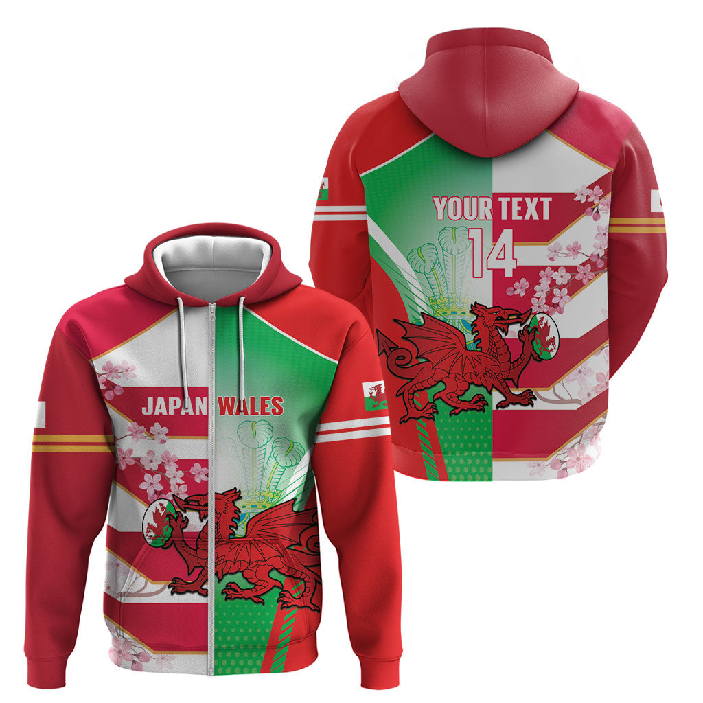 Japan and Wales Rugby Custom Zip Hoodie Brave Blossoms Welsh Dragon Together