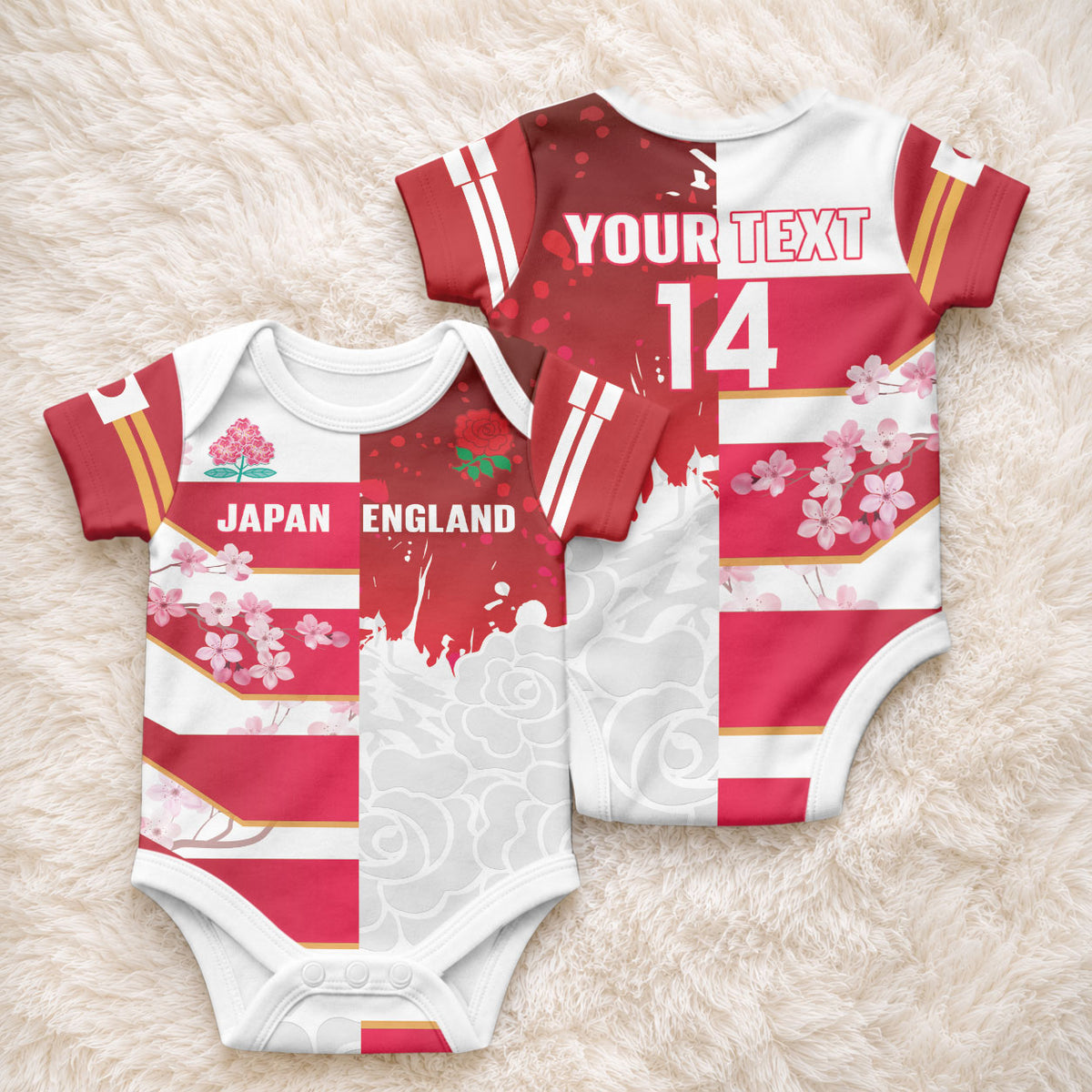 Japan and England Rugby Custom Baby Onesie Brave Blossoms Red Roses Together