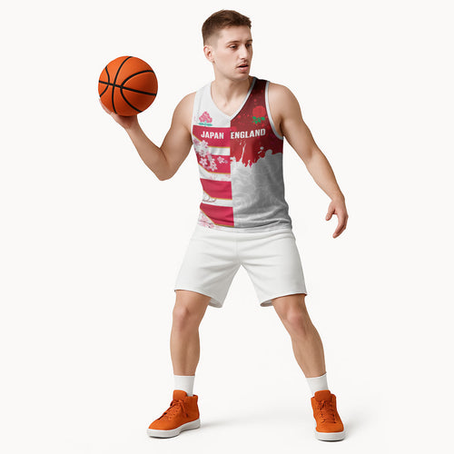 Japan and England Rugby Custom Basketball Jersey Brave Blossoms Red Roses Together