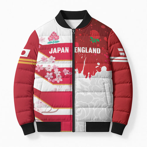 Japan and England Rugby Custom Bomber Puffer Jacket Brave Blossoms Red Roses Together